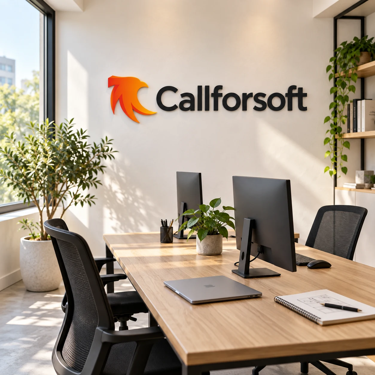 Visualisierung eines hellen Design- und Softwarebüros mit Callforsoft-Logo